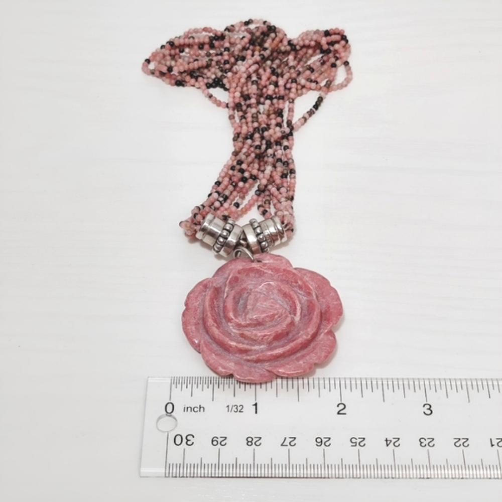 ESPO Multi Strand Rhodonite Sterling Silver Carved Rose Pendant Necklace - Picture 5 of 11